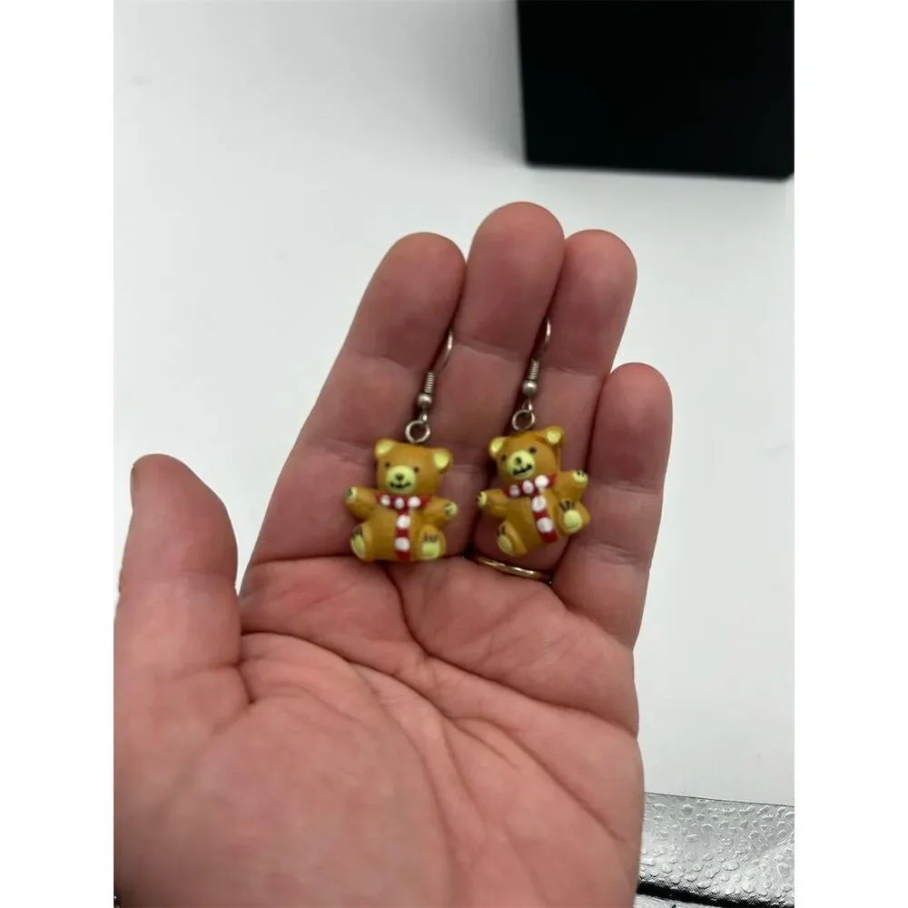Cute Teddy Bear Dangle Earrings Brown Cartoon Animal Jewelry
